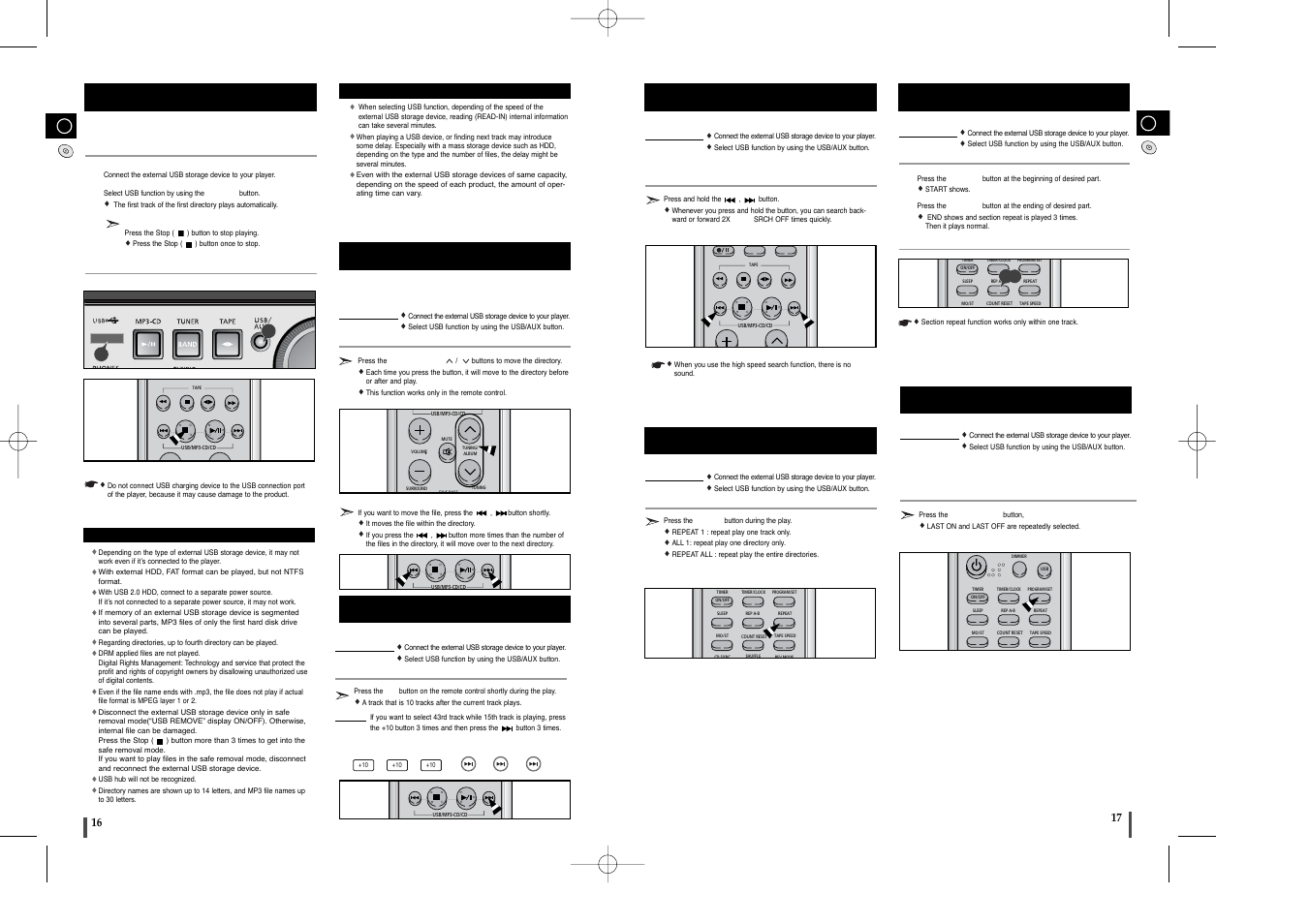 Selecting a track from usb device, To skip next 10 tracks, To use high speed search | To repeat, To repeat section, To use last memory function, Playing usb | Samsung MM-T6 User Manual | Page 9 / 13