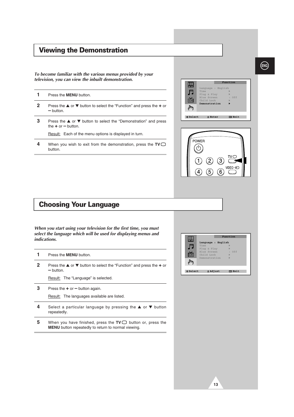 Viewing the demonstration, Choosing your language | Samsung CS-29V5MH User Manual | Page 13 / 36