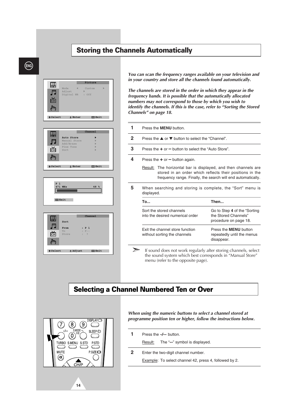 Storing the channels automatically, Selecting a channel numbered ten or over | Samsung CS-29V5MH User Manual | Page 14 / 36