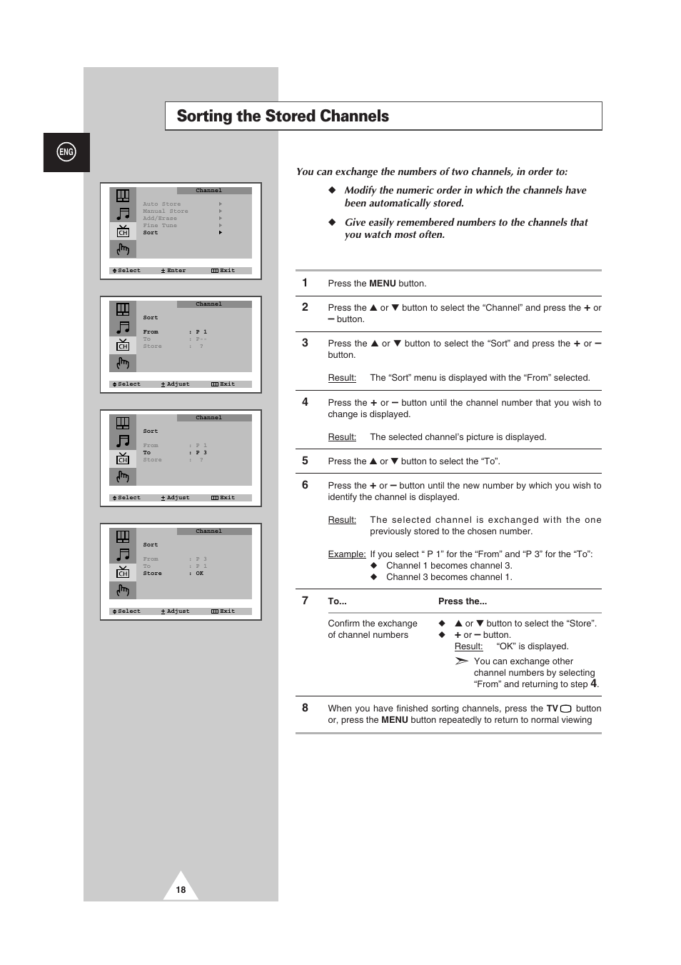 Sorting the stored channels | Samsung CS-29V5MH User Manual | Page 18 / 36