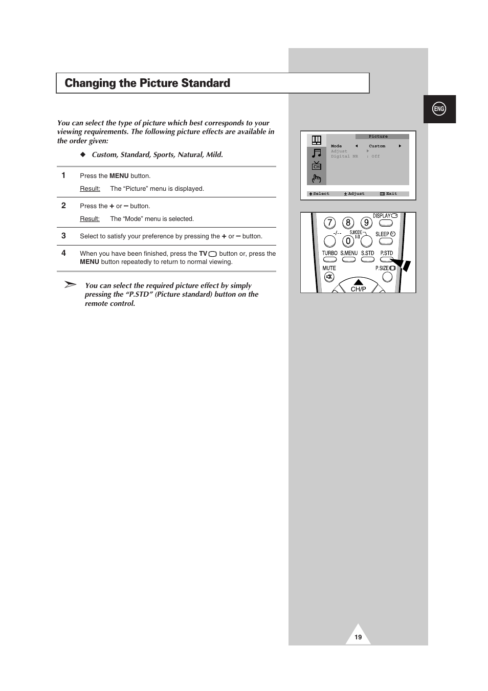 Changing the picture standard | Samsung CS-29V5MH User Manual | Page 19 / 36