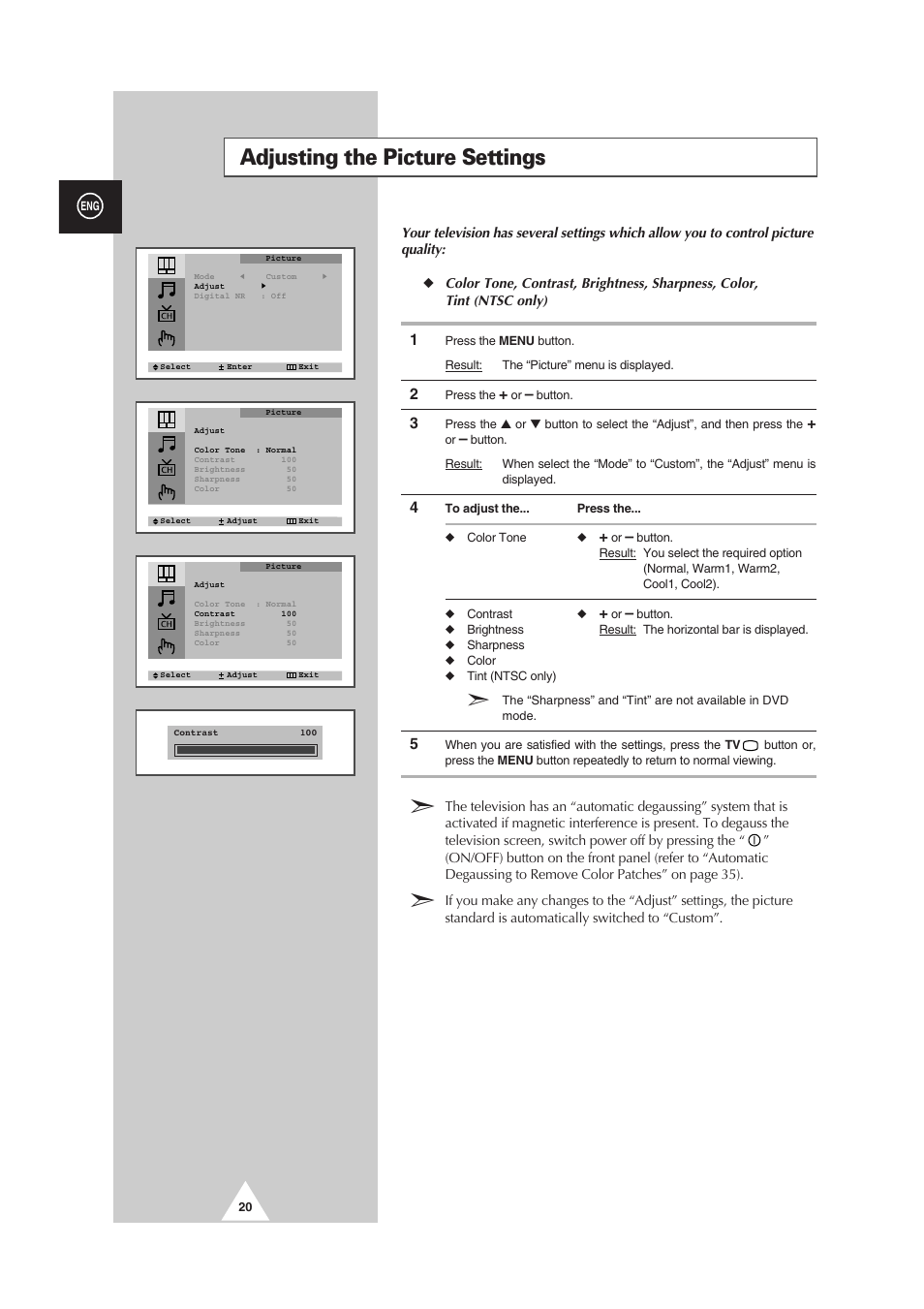Adjusting the picture settings | Samsung CS-29V5MH User Manual | Page 20 / 36