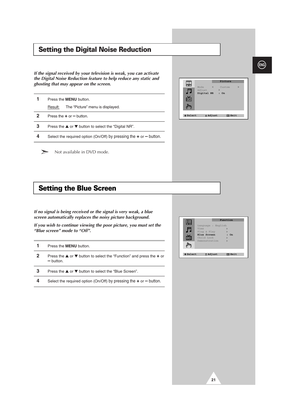 Setting the blue screen, Setting the digital noise reduction | Samsung CS-29V5MH User Manual | Page 21 / 36