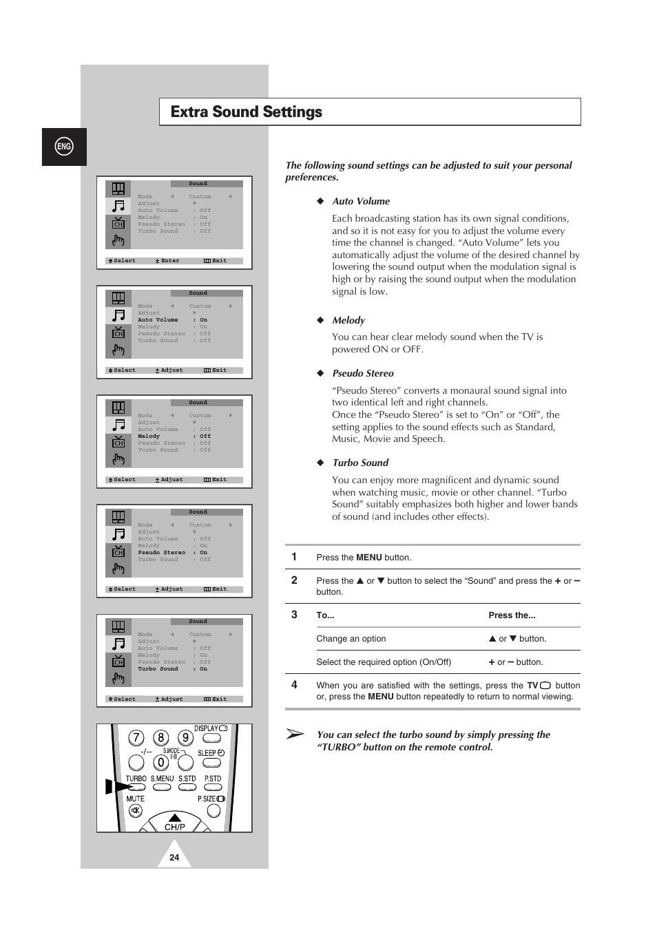 Extra sound settings | Samsung CS-29V5MH User Manual | Page 24 / 36