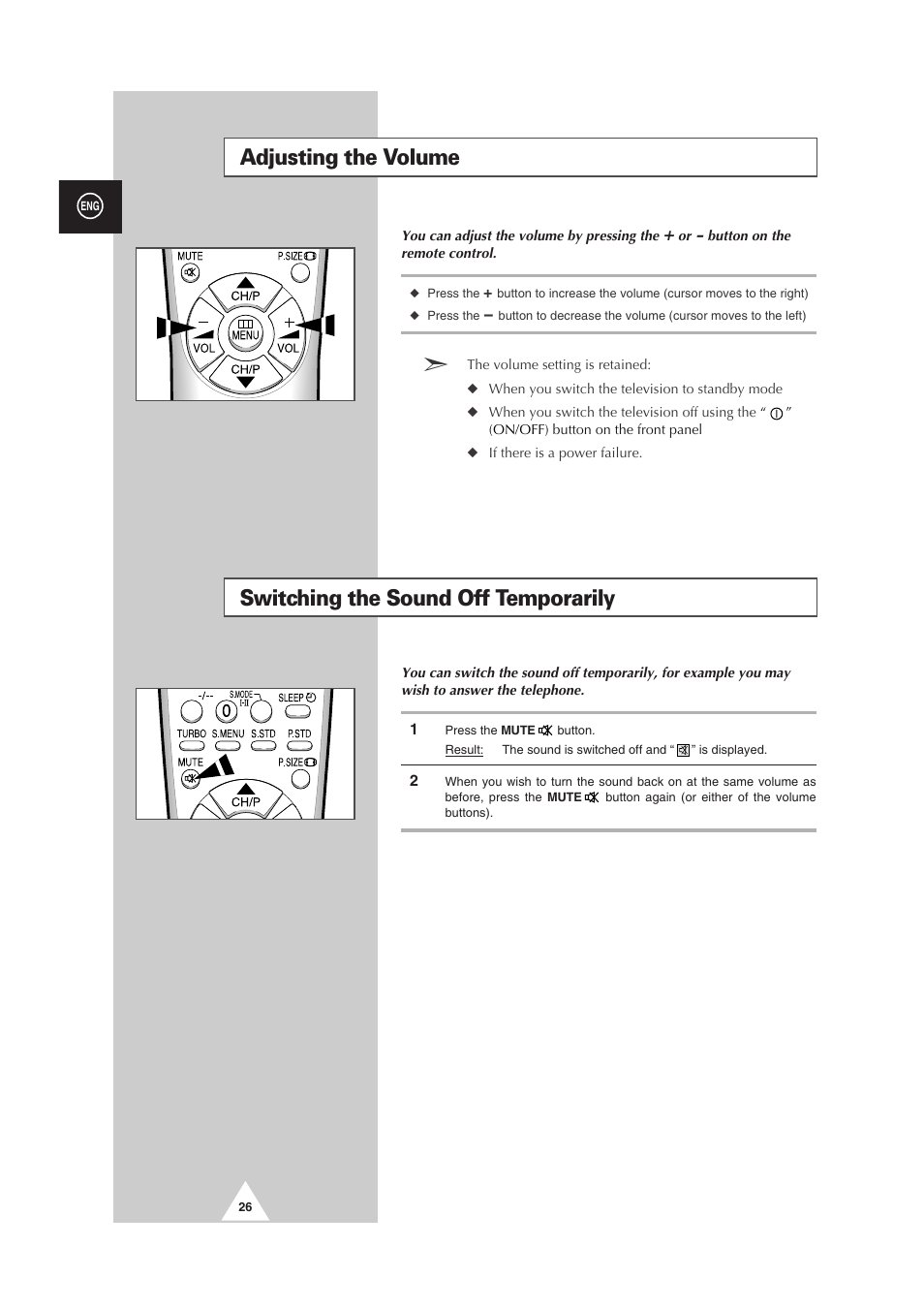 Switching the sound off temporarily, Adjusting the volume | Samsung CS-29V5MH User Manual | Page 26 / 36