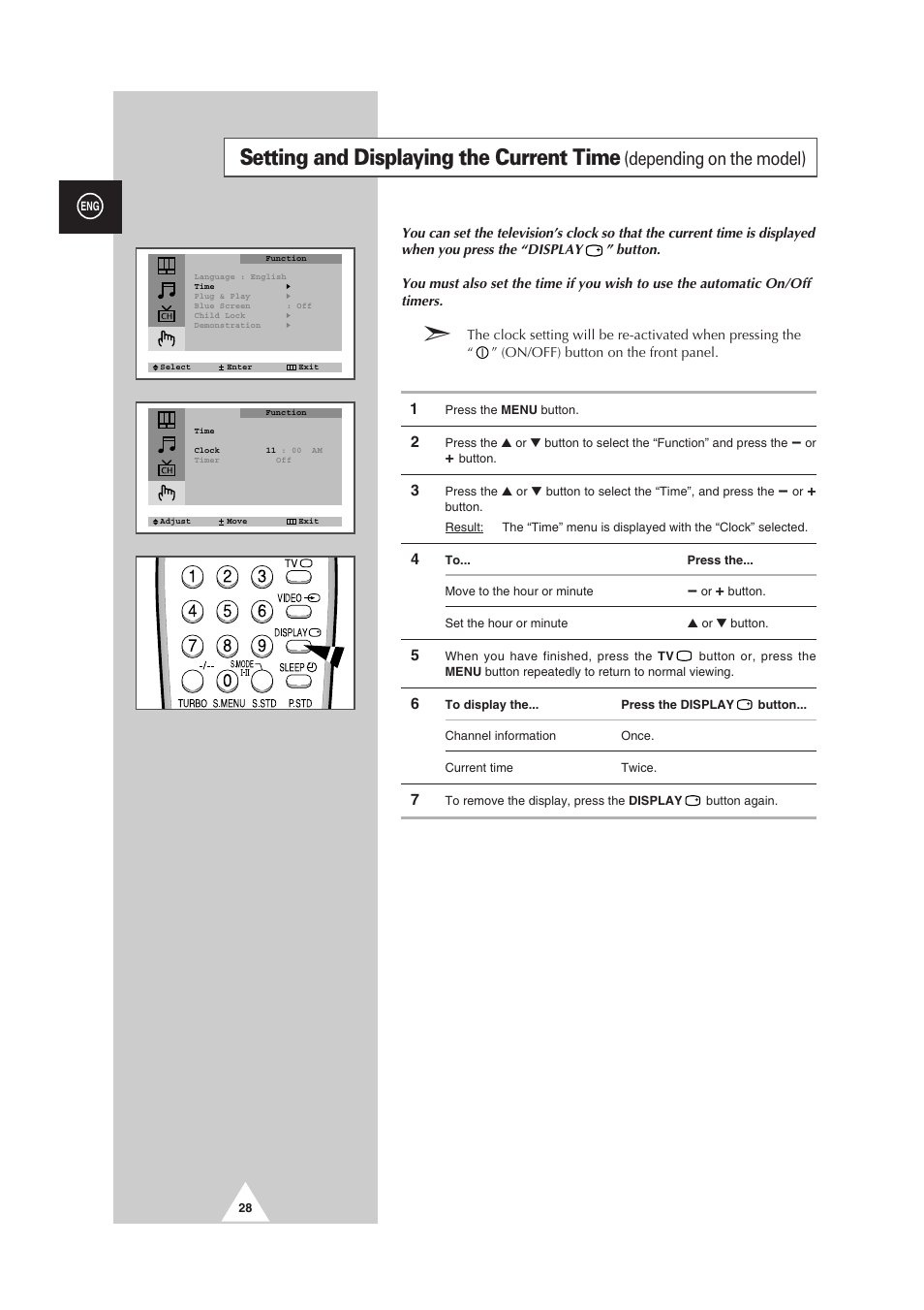 Setting and displaying the current time, Depending on the model) | Samsung CS-29V5MH User Manual | Page 28 / 36