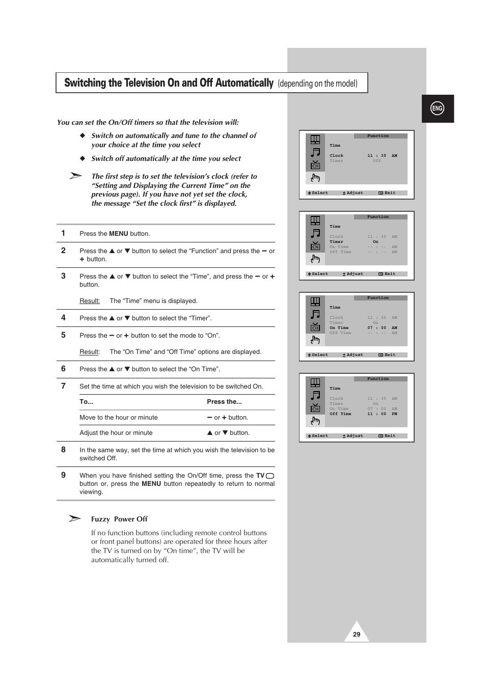 Switching the television on and off automatically, Depending on the model) | Samsung CS-29V5MH User Manual | Page 29 / 36