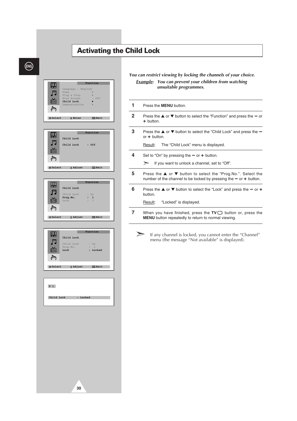 Activating the child lock | Samsung CS-29V5MH User Manual | Page 30 / 36