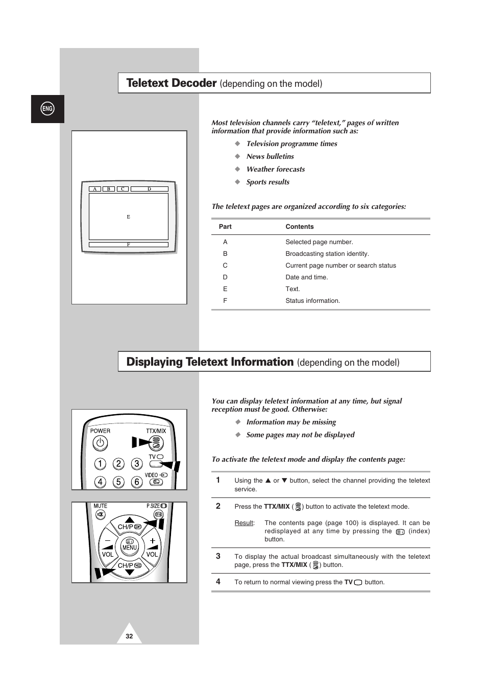 Teletext decoder, Displaying teletext information, Depending on the model) | Samsung CS-29V5MH User Manual | Page 32 / 36