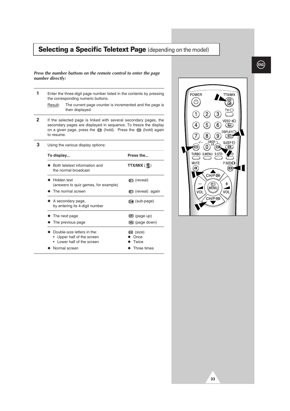 Selecting a specific teletext page, Depending on the model) | Samsung CS-29V5MH User Manual | Page 33 / 36