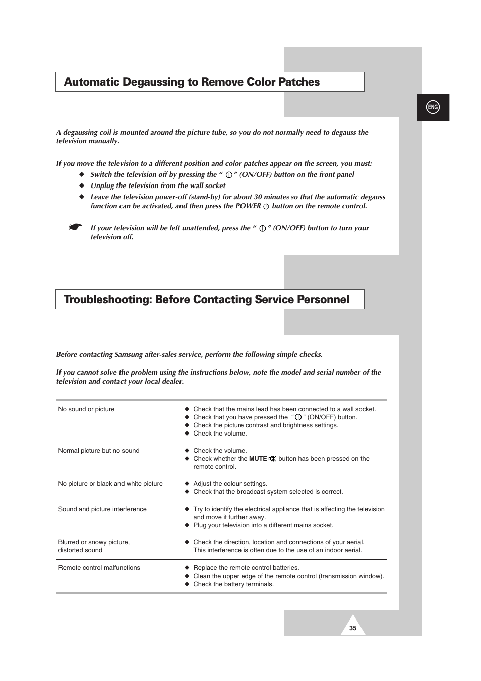 Automatic degaussing to remove color patches | Samsung CS-29V5MH User Manual | Page 35 / 36
