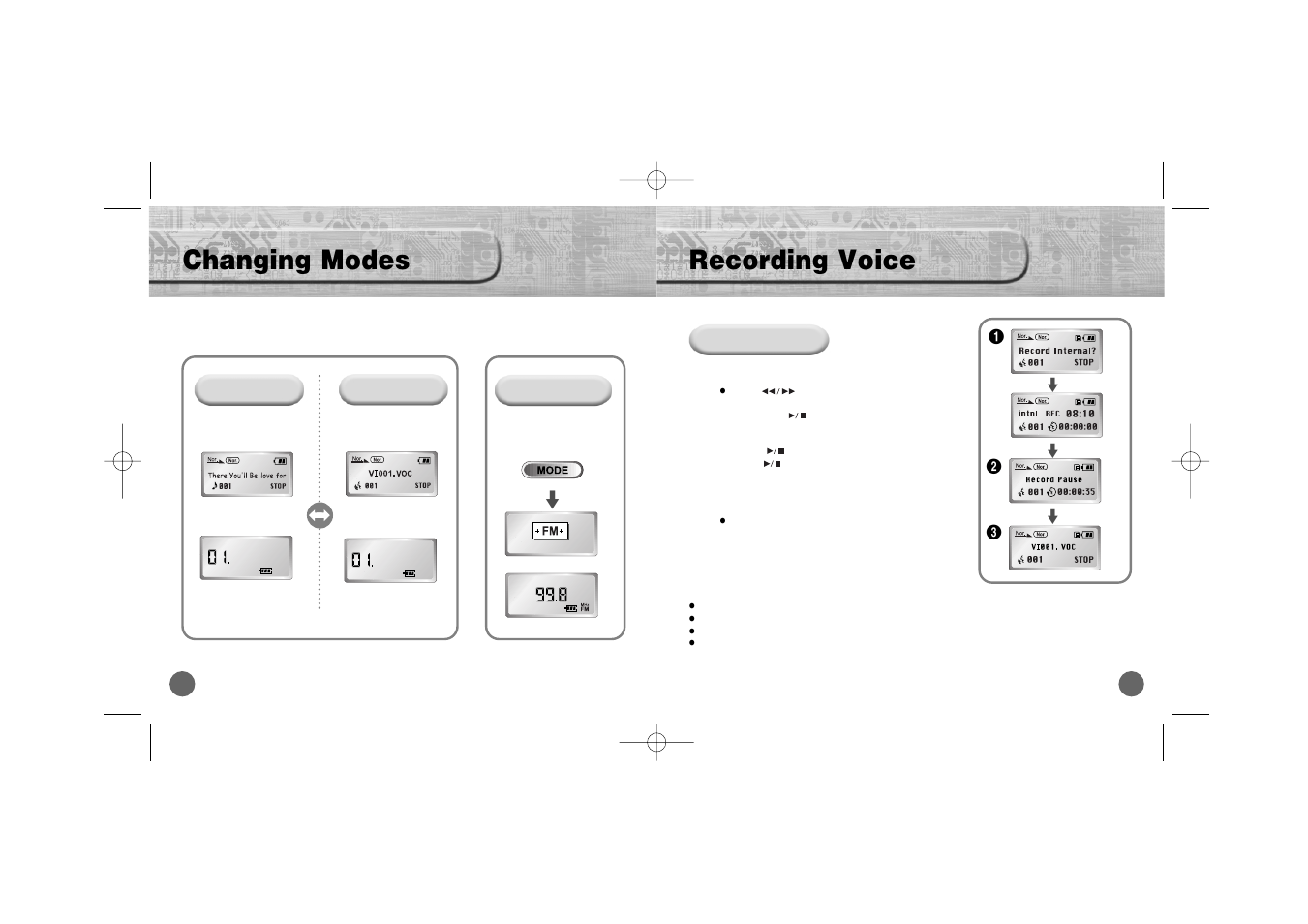 Changing modes, Recording voice | Samsung YP-700 User Manual | Page 10 / 44