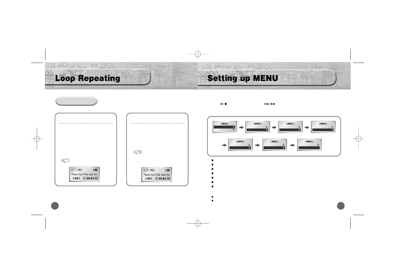 Loop repeating, Setting up menu, Starting point | Ending point | Samsung YP-700 User Manual | Page 13 / 44