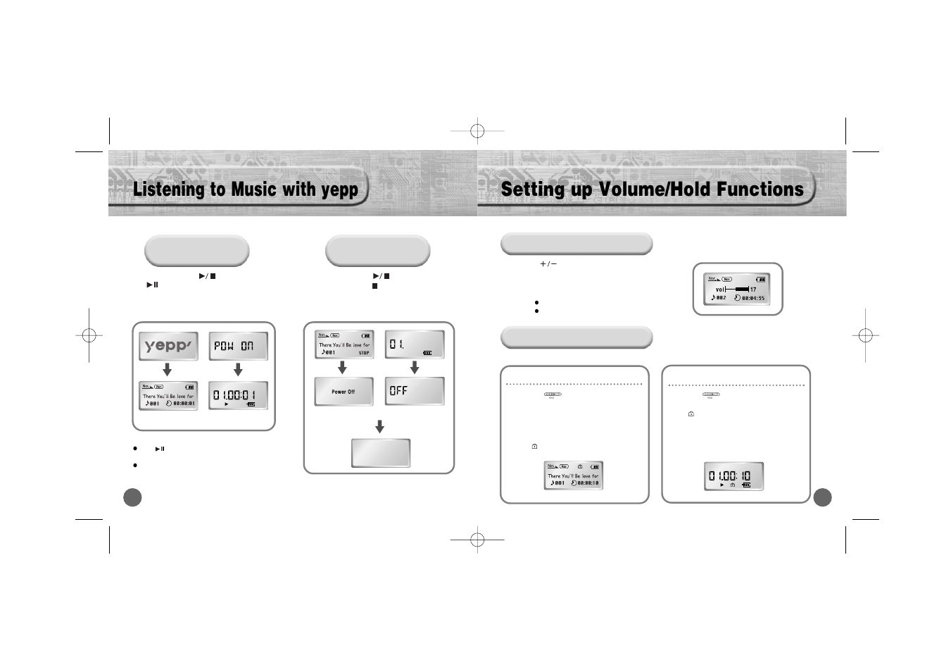 Listening to music with yepp, Setting up volume/hold functions | Samsung YP-700 User Manual | Page 9 / 44