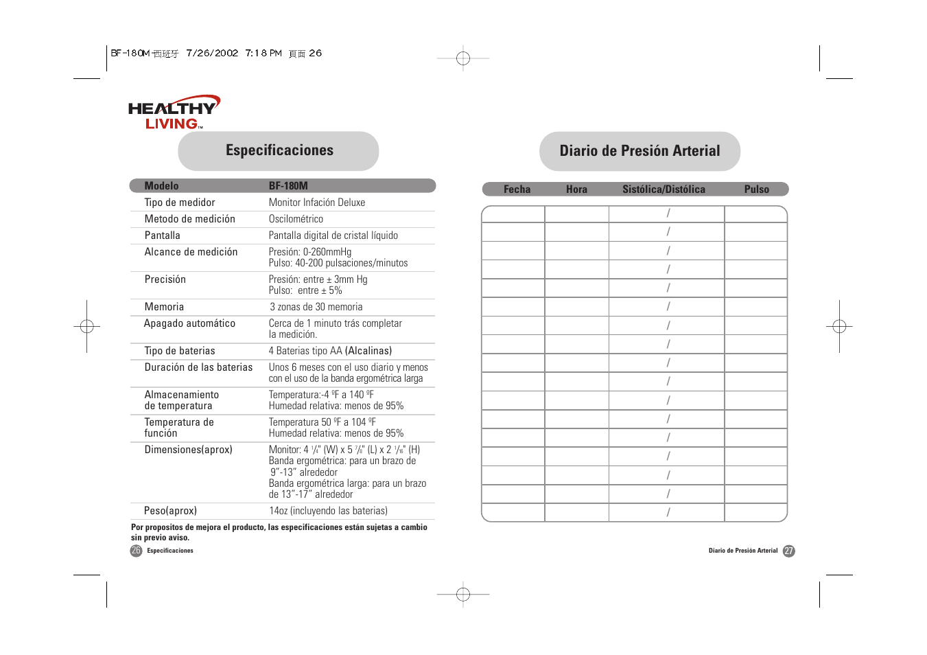 Diario de presión arterial, Especificaciones | Samsung BF-180M User Manual | Page 30 / 32