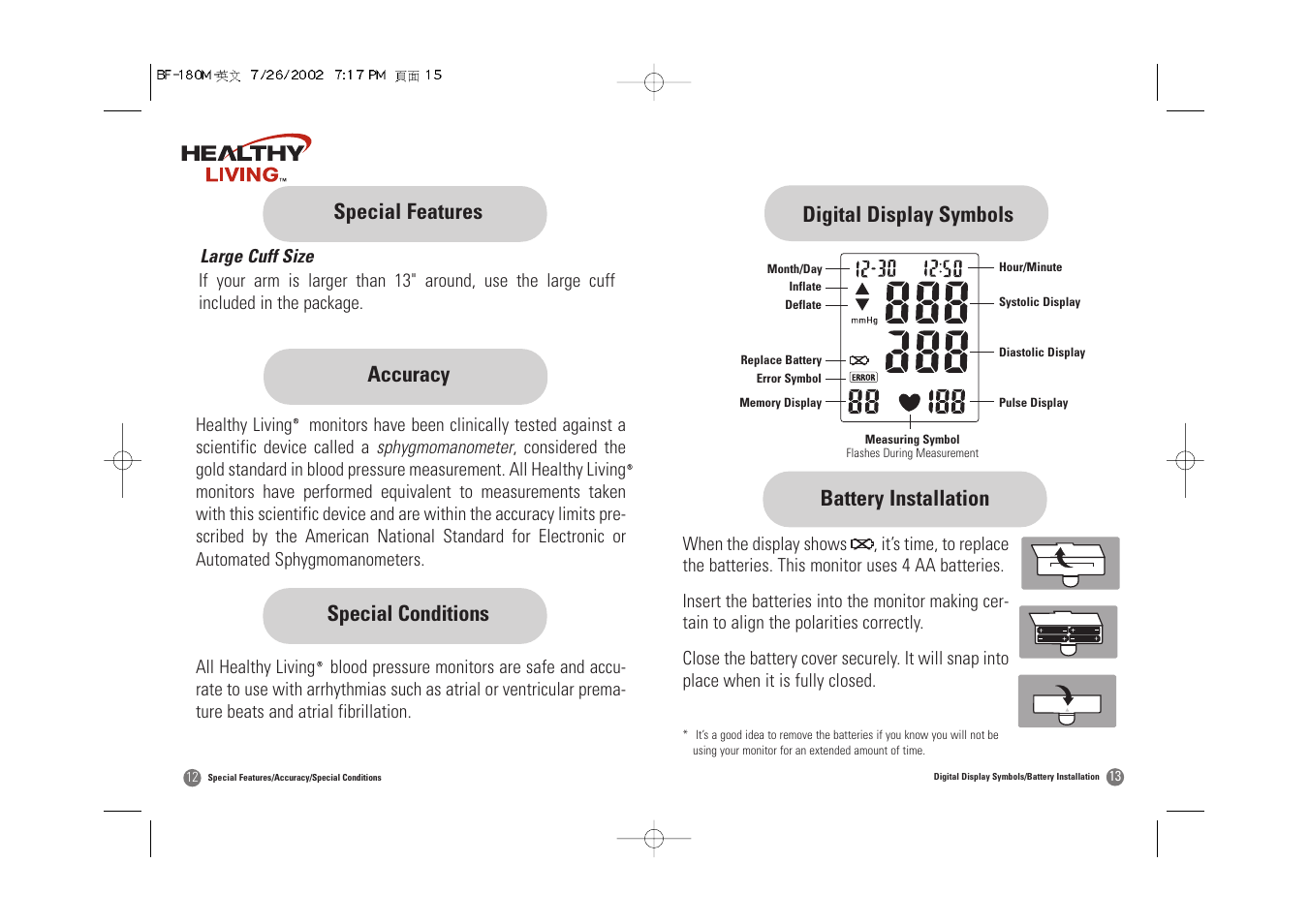Digital display symbols battery installation, Special features special conditions, Accuracy | Samsung BF-180M User Manual | Page 8 / 32