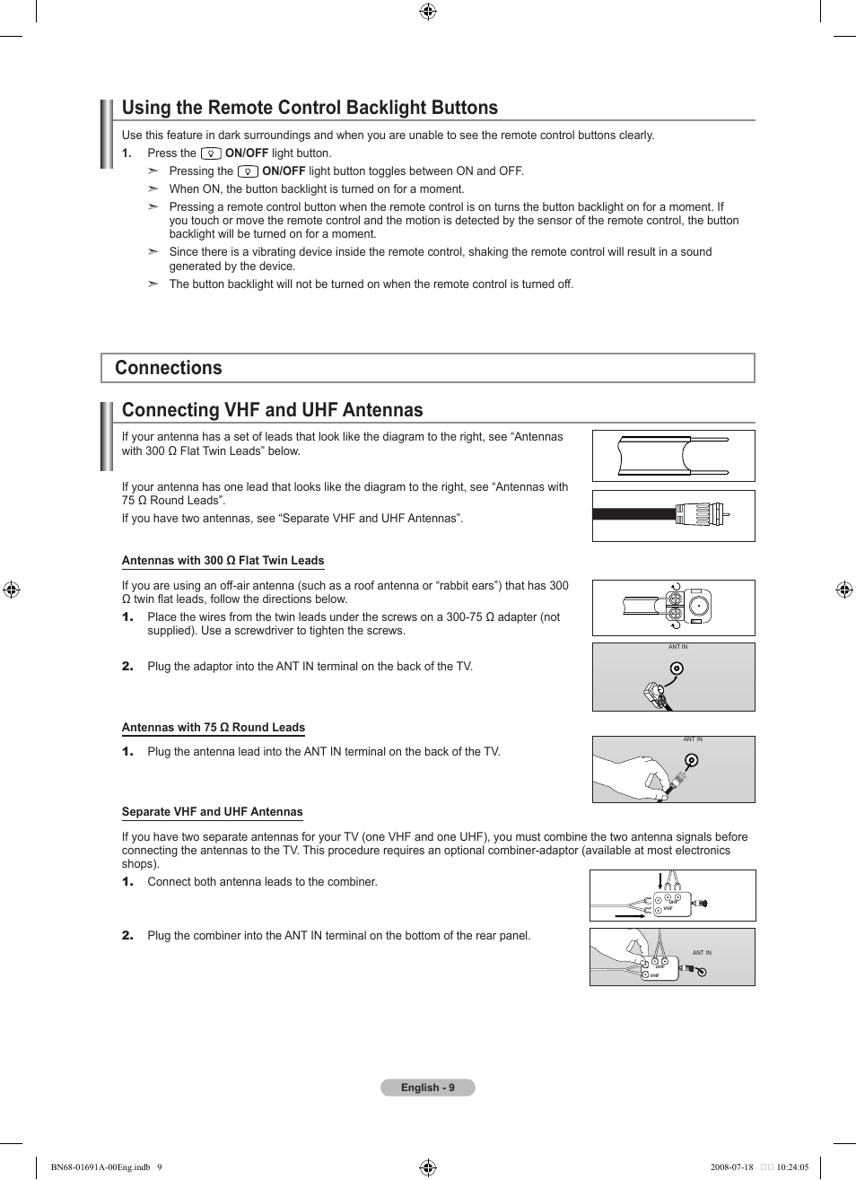 Connections, Connecting vhf and uhf antennas, Using the remote control backlight buttons | Samsung BN68-01691A-02 User Manual | Page 11 / 155