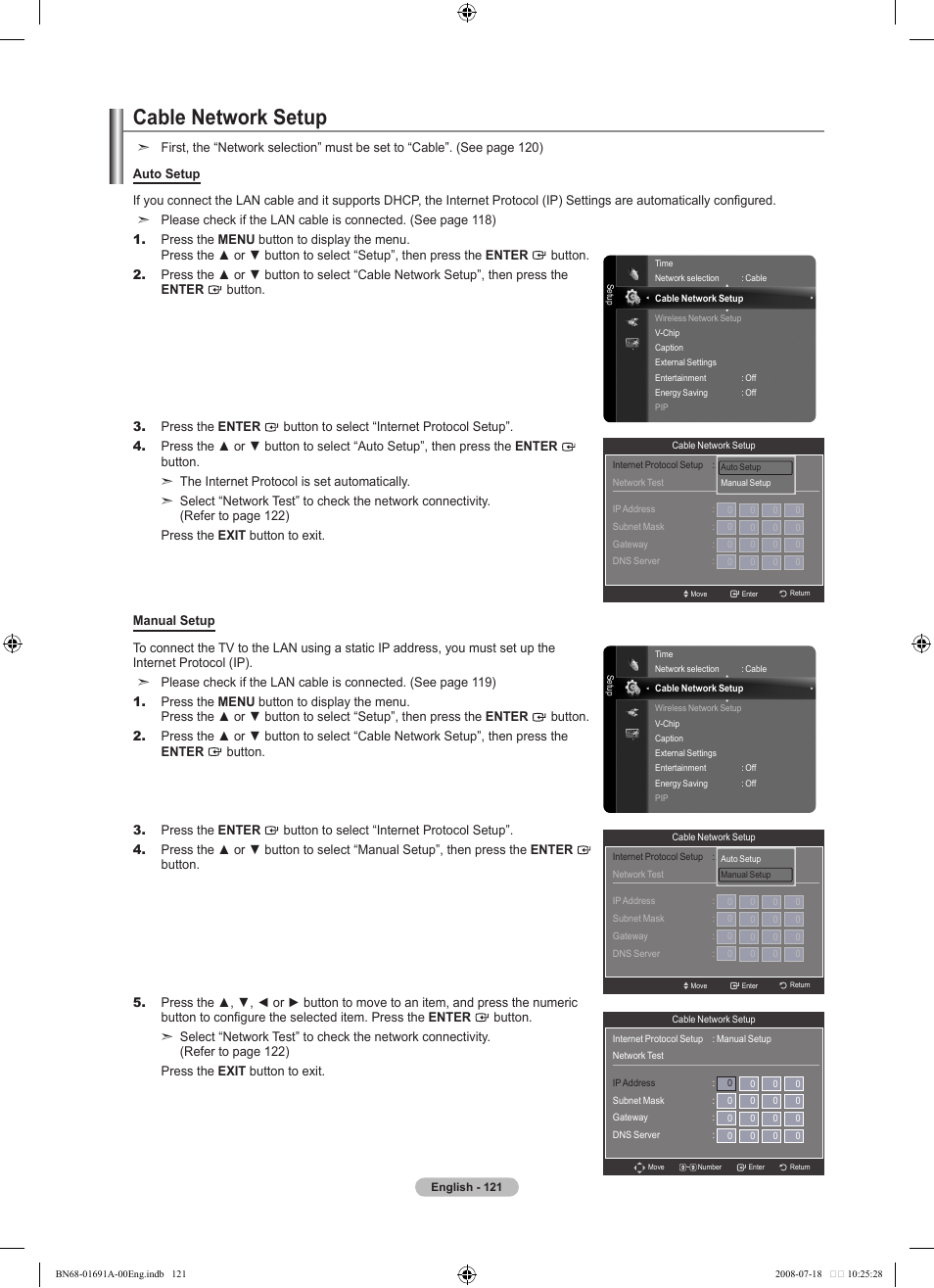 Cable network setup | Samsung BN68-01691A-02 User Manual | Page 123 / 155