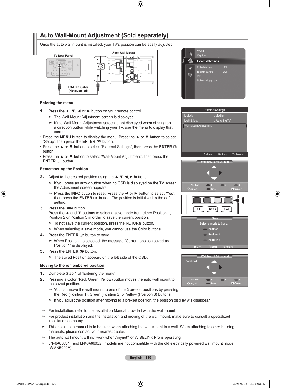 Auto wall-mount adjustment (sold separately) | Samsung BN68-01691A-02 User Manual | Page 141 / 155