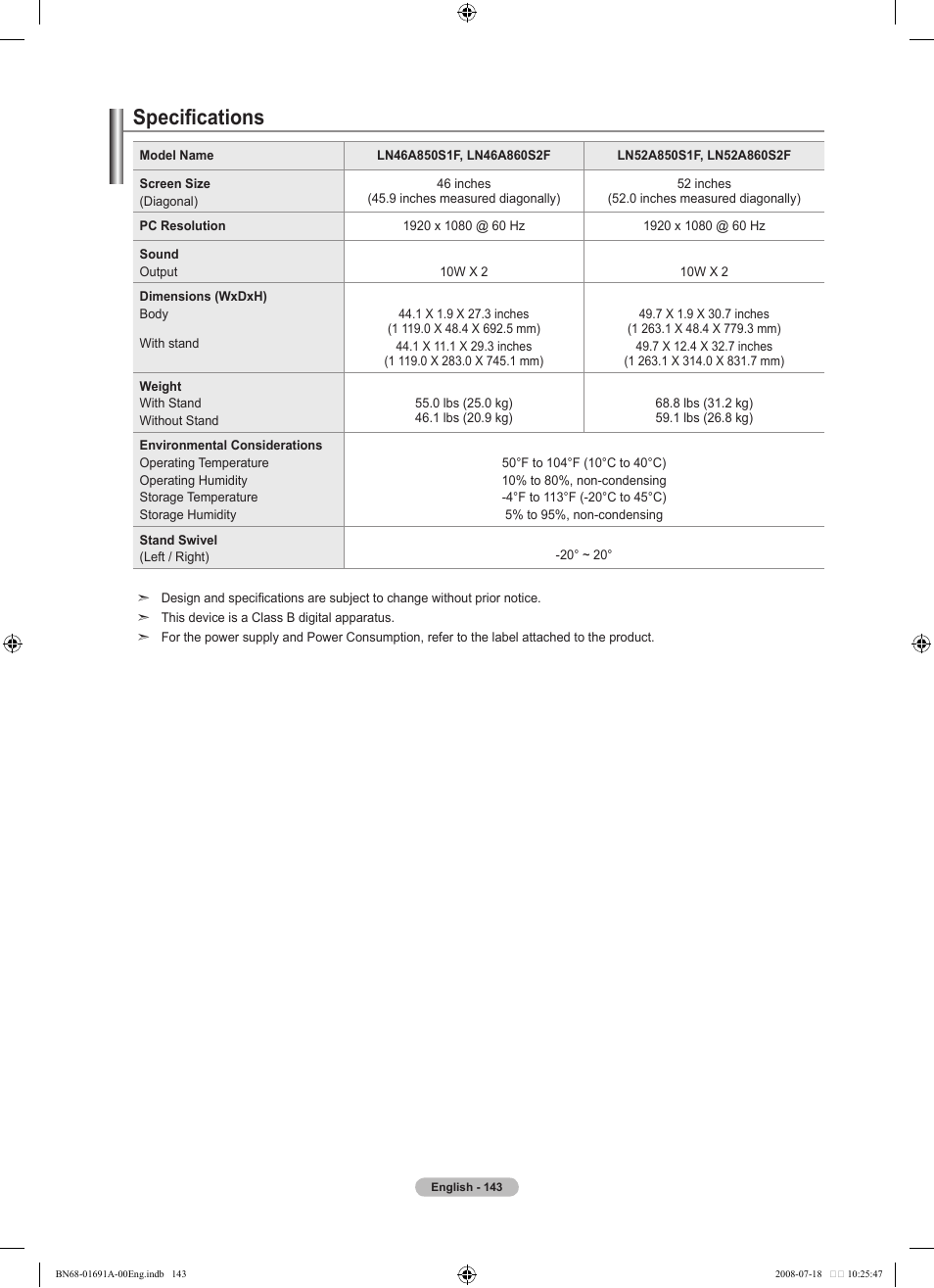 Specifications | Samsung BN68-01691A-02 User Manual | Page 145 / 155