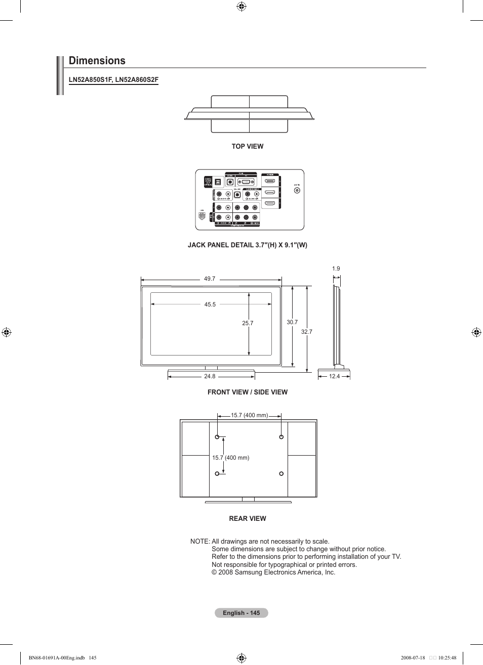 Dimensions | Samsung BN68-01691A-02 User Manual | Page 147 / 155