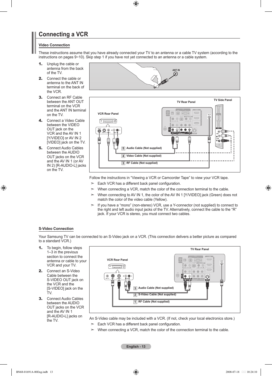 Connecting a vcr | Samsung BN68-01691A-02 User Manual | Page 15 / 155