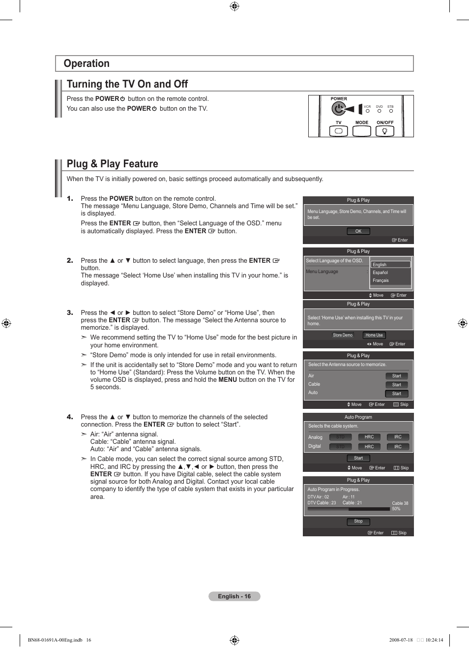 Operation, Turning the tv on and off, Plug & play feature | Samsung BN68-01691A-02 User Manual | Page 18 / 155