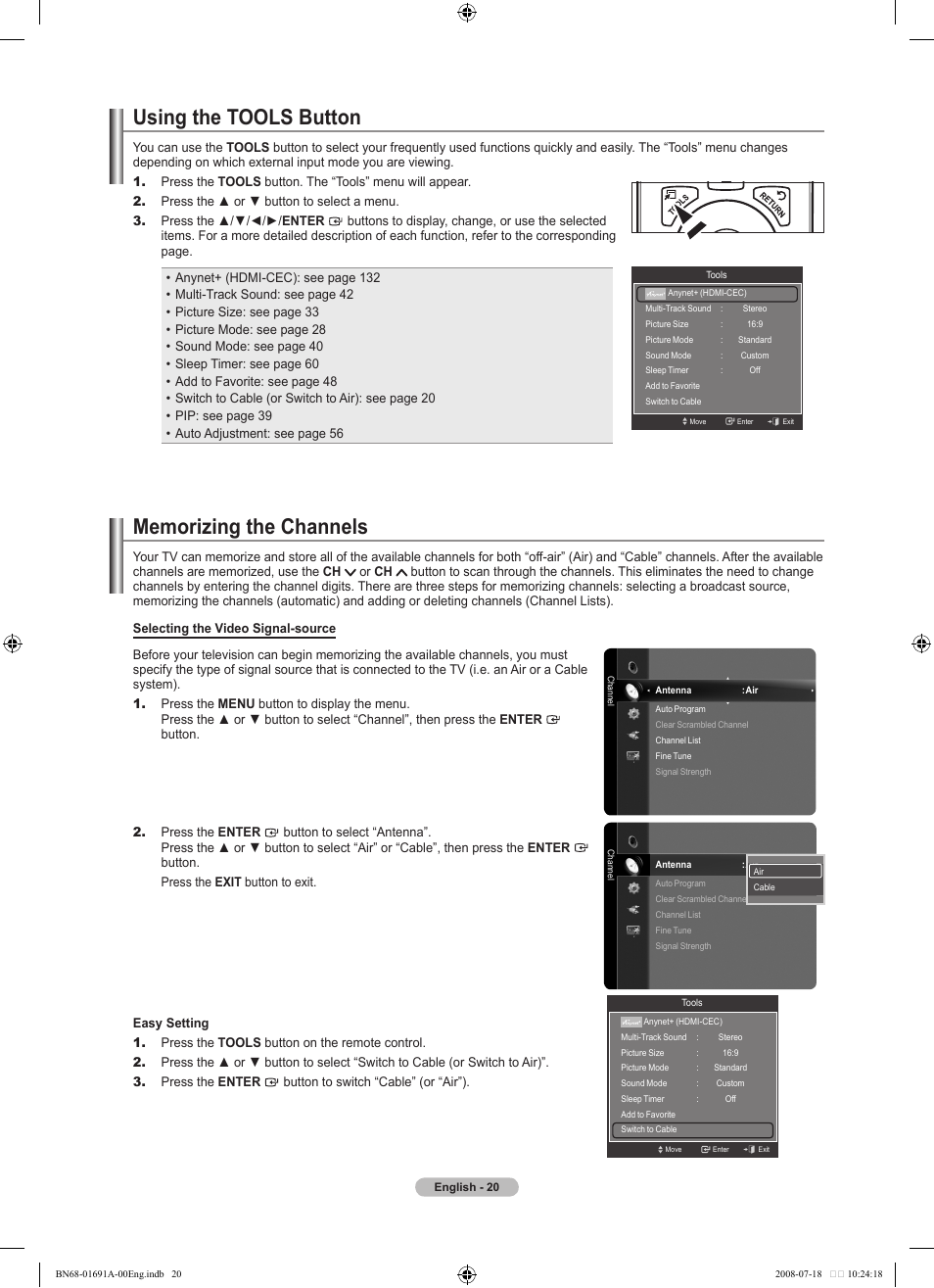 Using the tools button, Memorizing the channels | Samsung BN68-01691A-02 User Manual | Page 22 / 155