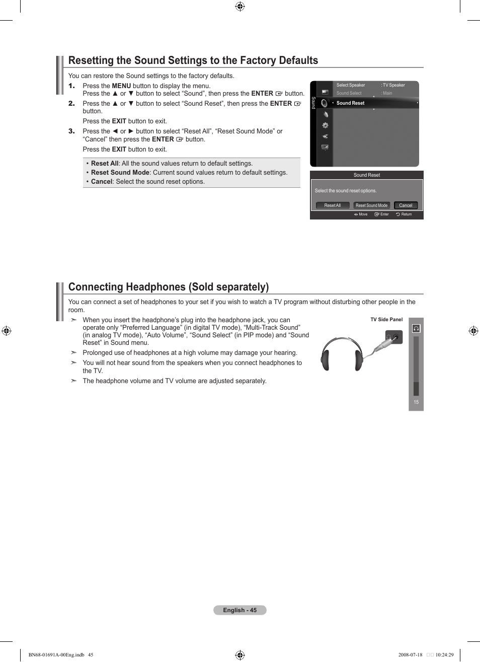 Connecting headphones (sold separately) | Samsung BN68-01691A-02 User Manual | Page 47 / 155