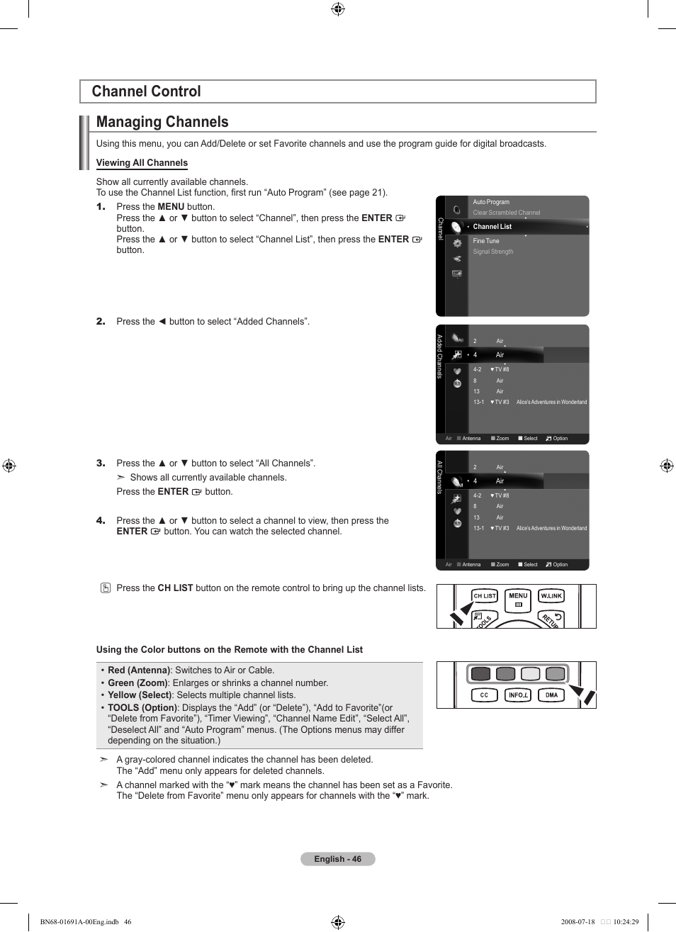 Channel control, Managing channels | Samsung BN68-01691A-02 User Manual | Page 48 / 155