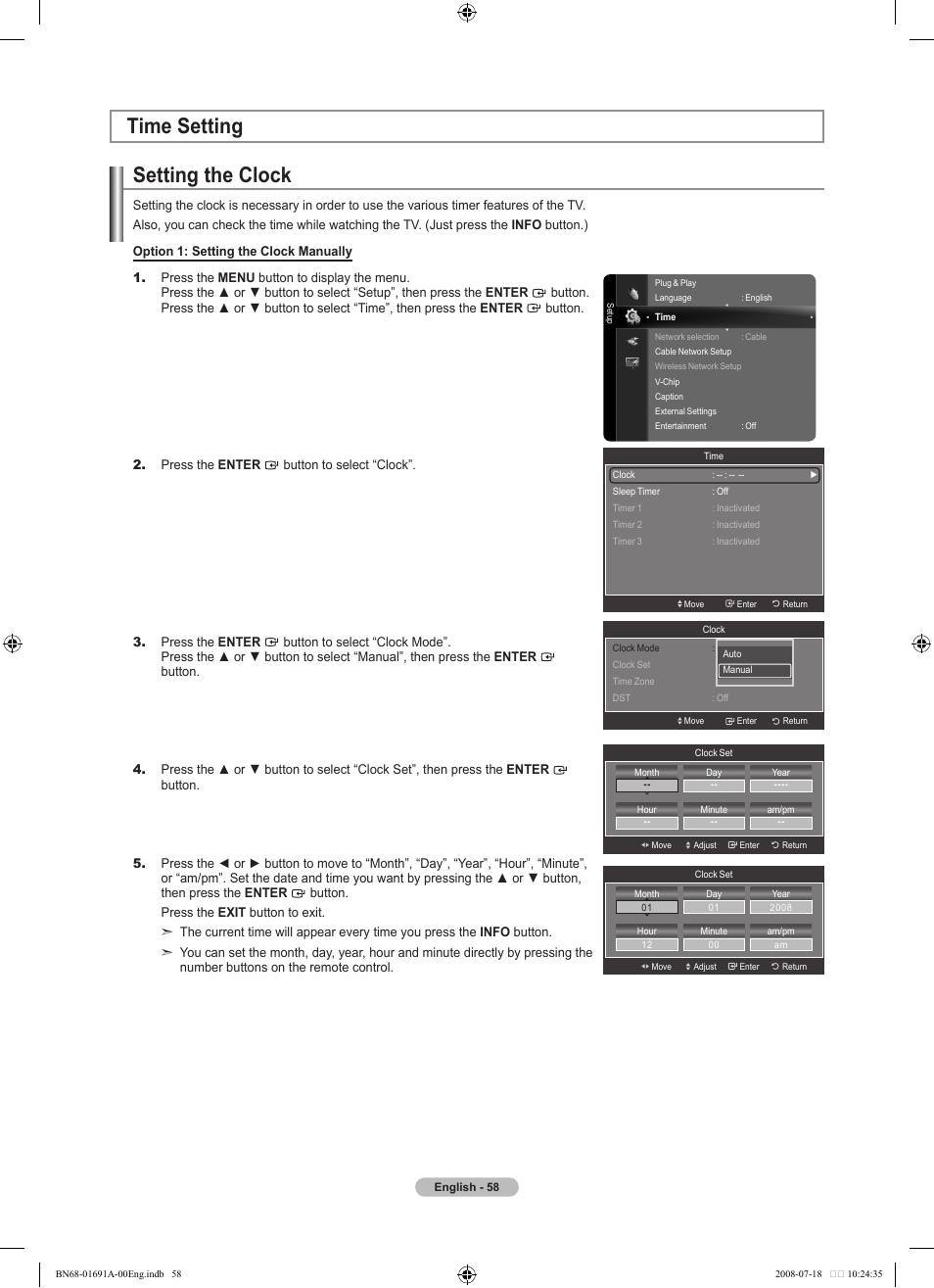 Time setting, Setting the clock | Samsung BN68-01691A-02 User Manual | Page 60 / 155