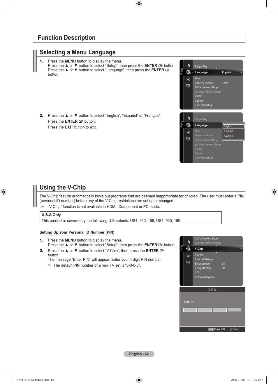 Function description, Selecting a menu language, Using the v-chip | Function description using the v-chip | Samsung BN68-01691A-02 User Manual | Page 64 / 155