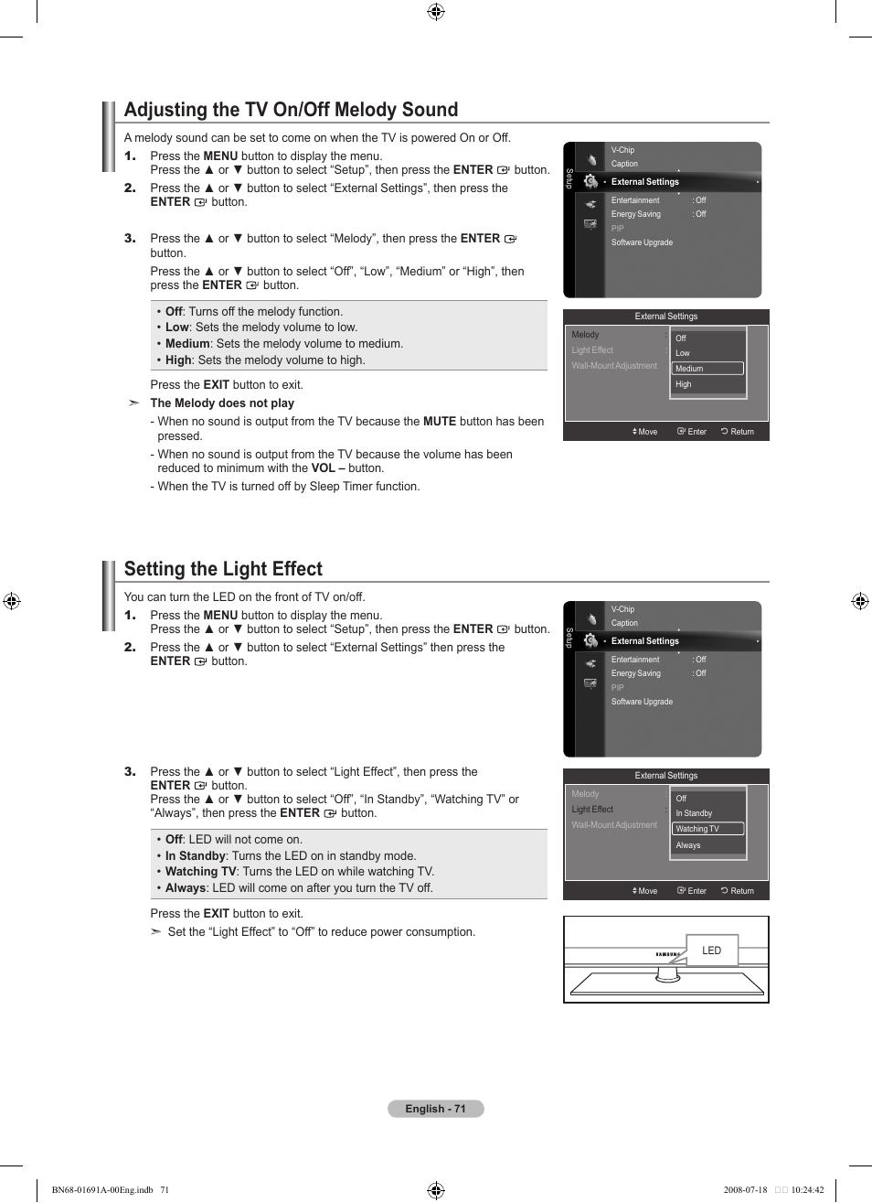 Adjusting the tv on/off melody sound, Setting the light effect | Samsung BN68-01691A-02 User Manual | Page 73 / 155