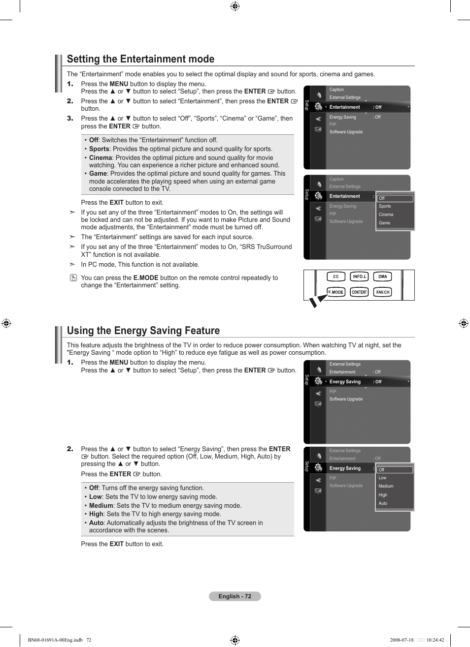 Setting the entertainment mode, Using the energy saving feature | Samsung BN68-01691A-02 User Manual | Page 74 / 155