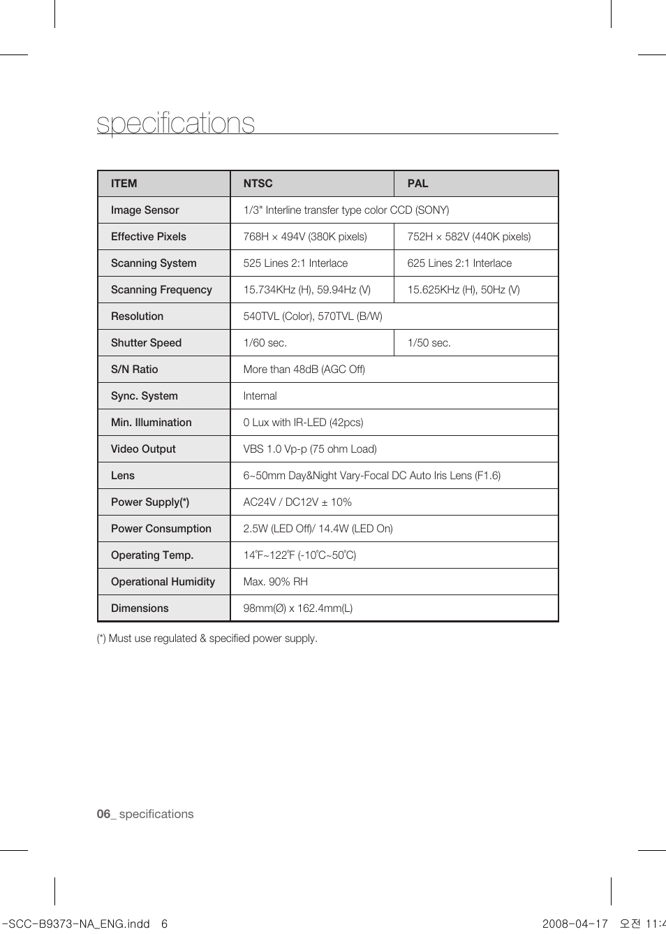 Specifications | Samsung SCC-B9373 User Manual | Page 10 / 12