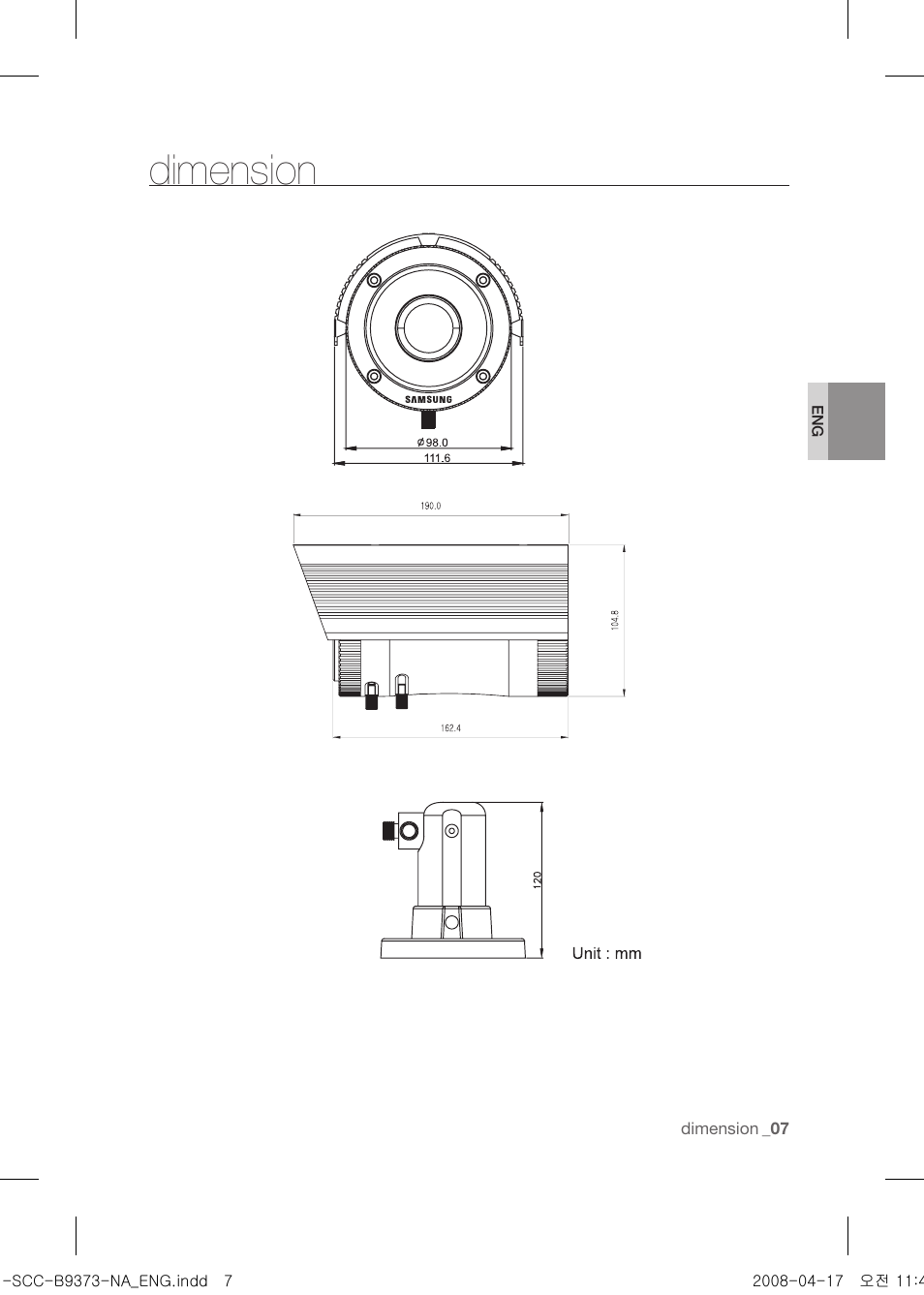 Dimension | Samsung SCC-B9373 User Manual | Page 11 / 12
