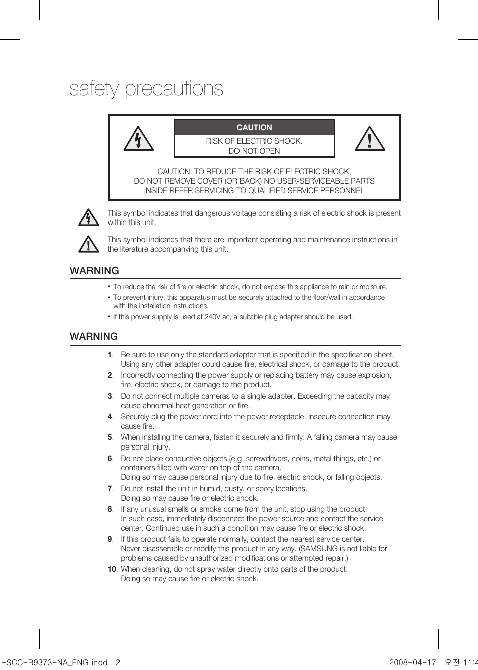 Safety precautions, Warning | Samsung SCC-B9373 User Manual | Page 2 / 12