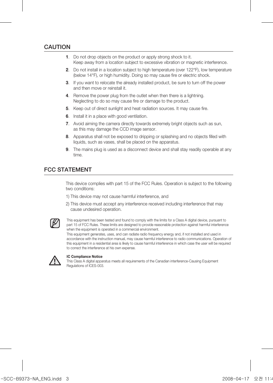 Caution, Fcc statement | Samsung SCC-B9373 User Manual | Page 3 / 12