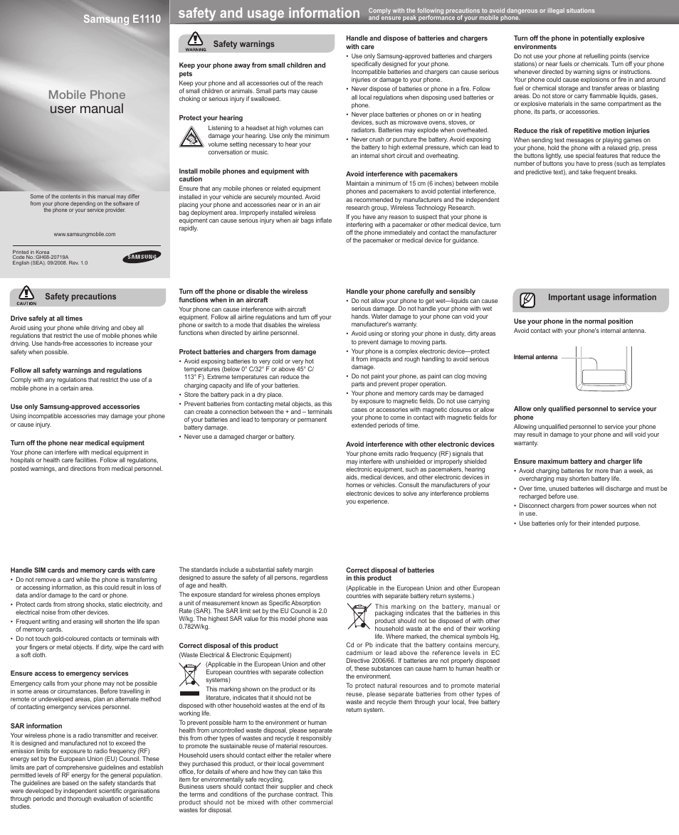 Samsung E1110 User Manual | 2 pages