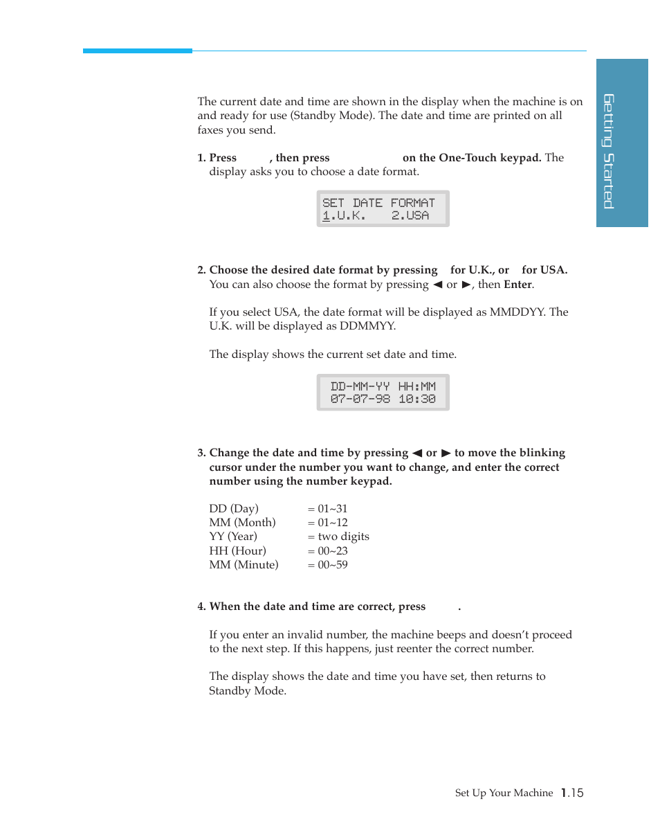 Setting date and time | Samsung SF4500 User Manual | Page 22 / 93