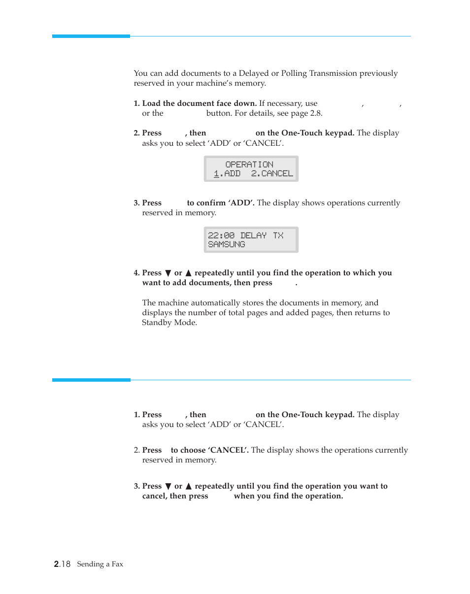 Adding documents to a standby operation, Cancelling a standby operation | Samsung SF4500 User Manual | Page 41 / 93