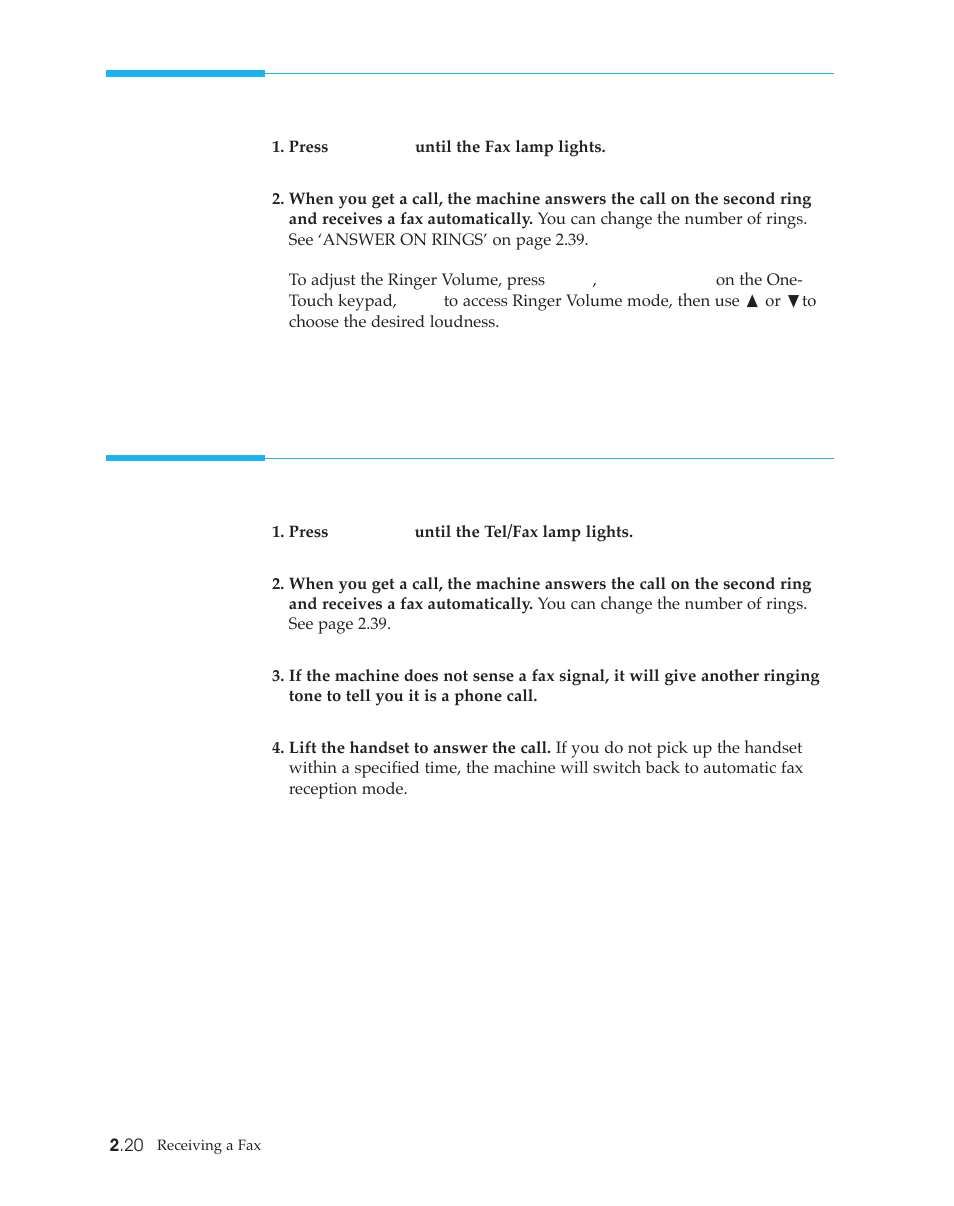 Receiving automatically in fax mode, Receiving automatically in tel/fax mode | Samsung SF4500 User Manual | Page 43 / 93