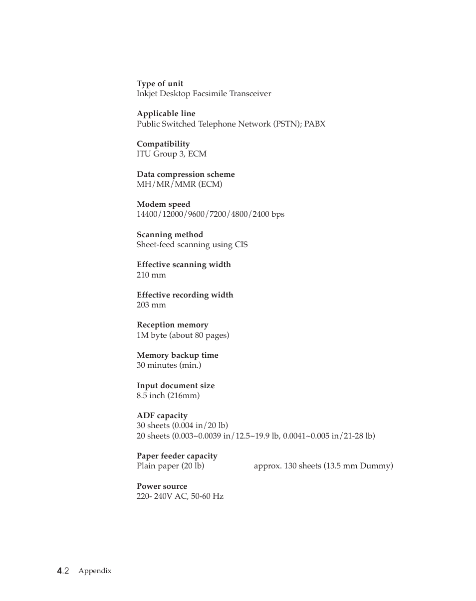 Specifications | Samsung SF4500 User Manual | Page 85 / 93