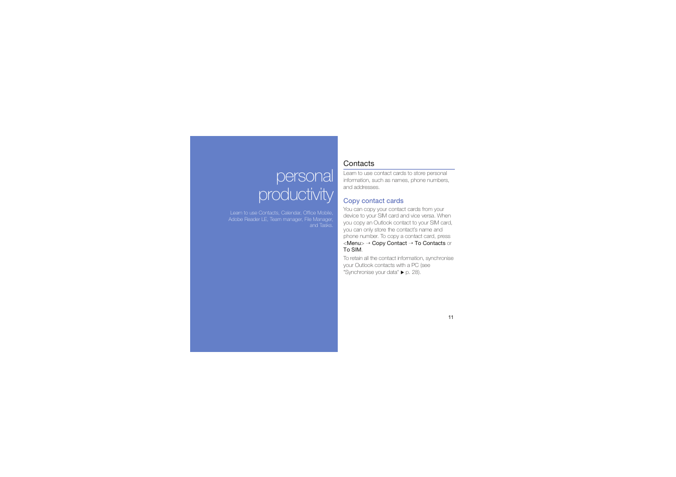Personal productivity, Contacts | Samsung C6625 User Manual | Page 16 / 66