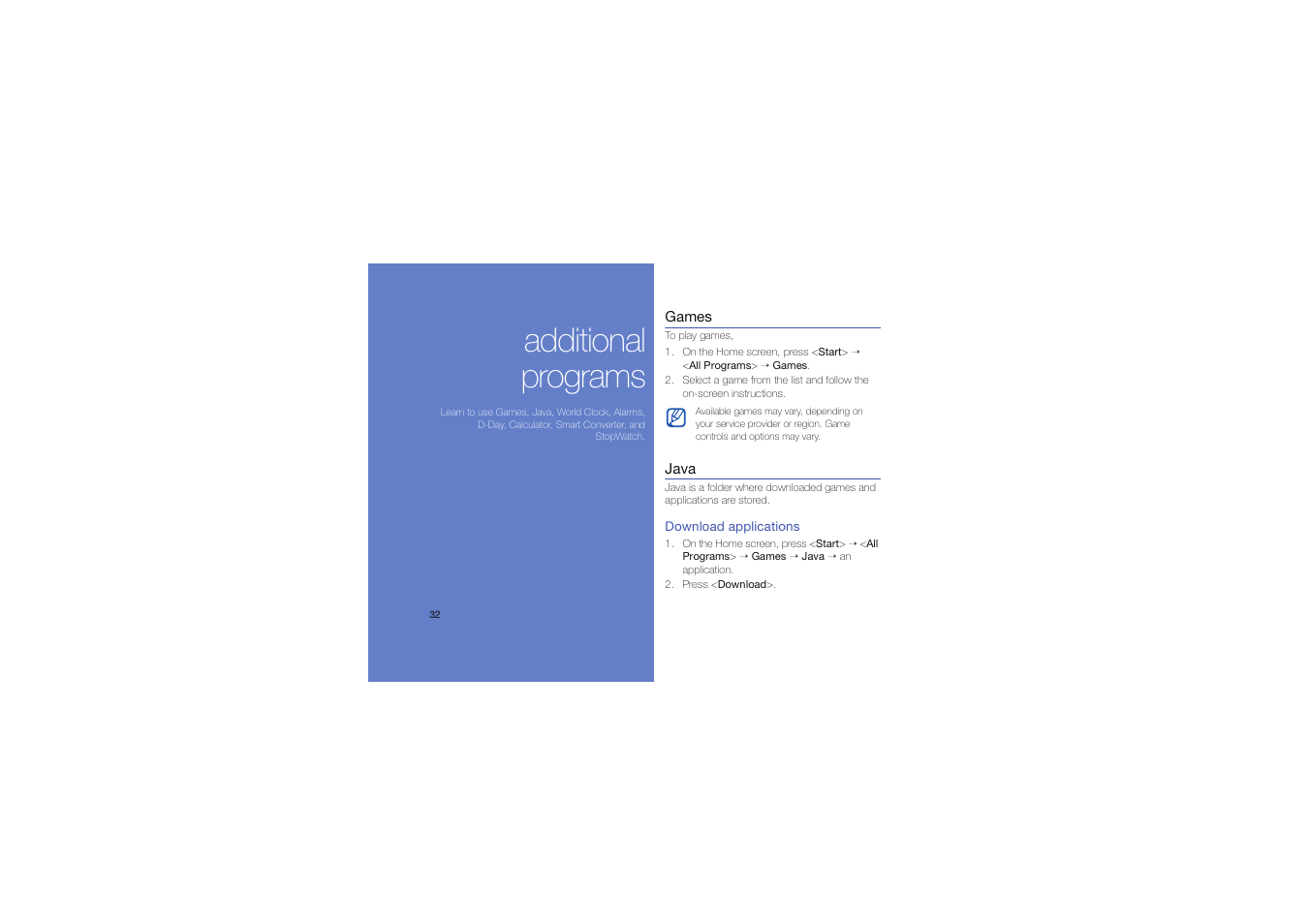 Additional programs, Games, Java | Games java | Samsung C6625 User Manual | Page 37 / 66