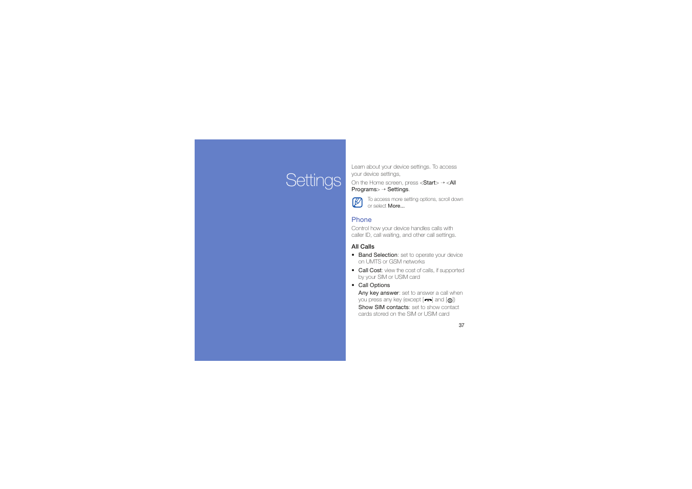 Settings, Settings 37 | Samsung C6625 User Manual | Page 42 / 66