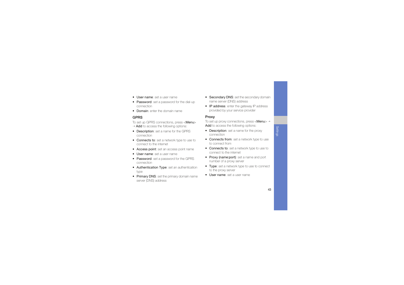 Gprs" fo, P. 43, Proxy | P. 43) | Samsung C6625 User Manual | Page 48 / 66