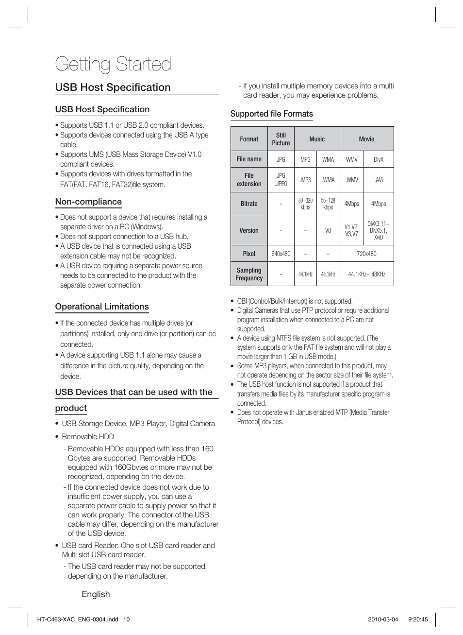 Getting started, Usb host speciﬁ cation | Samsung HT-C463-XAC User Manual | Page 10 / 42