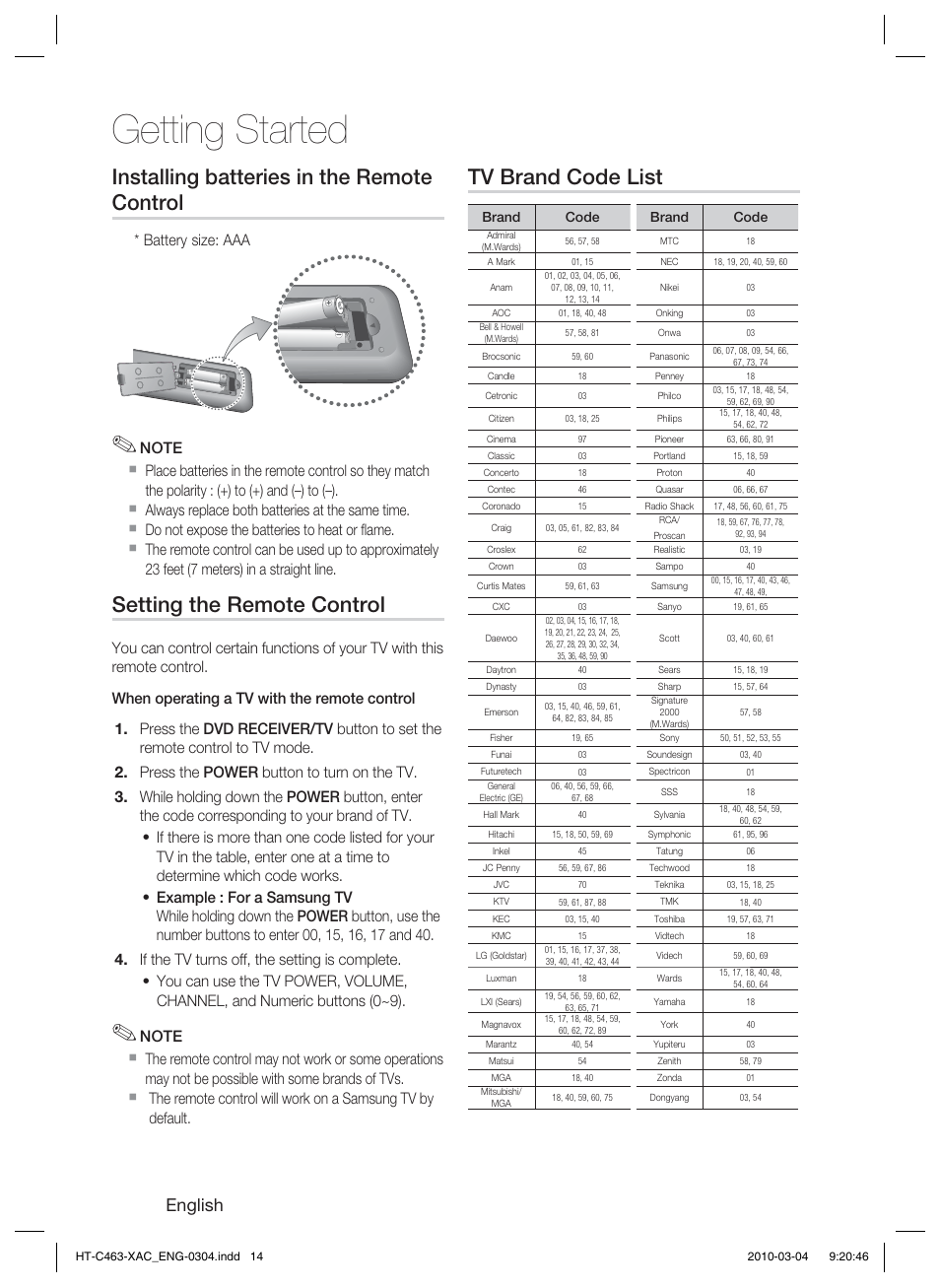 Getting started, Installing batteries in the remote control, Setting the remote control | Tv brand code list, English, Battery size: aaa | Samsung HT-C463-XAC User Manual | Page 14 / 42