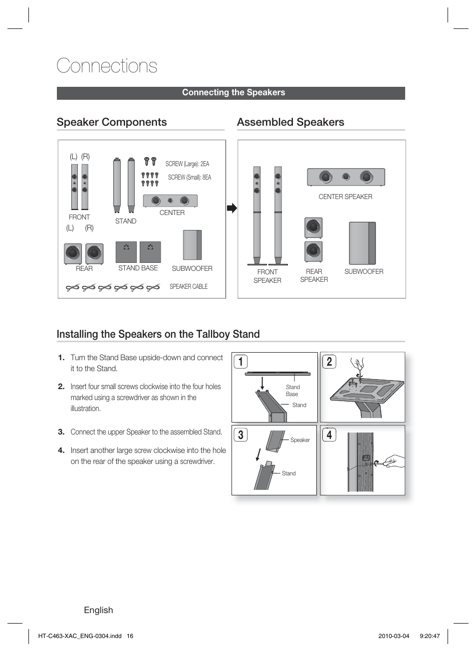 Connections, Speaker components, Assembled speakers | Installing the speakers on the tallboy stand | Samsung HT-C463-XAC User Manual | Page 16 / 42